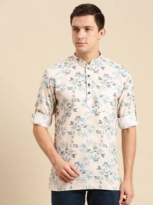Sanwara Men Printed Cotton Rolled Up Sleeves Short Kurta PR_16 1