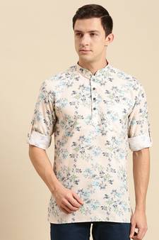 Sanwara Men Printed Cotton Rolled Up Sleeves Short Kurta PR_16