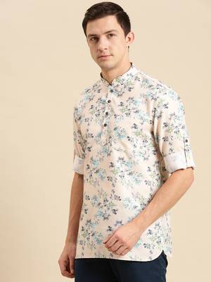 Sanwara Men Printed Cotton Rolled Up Sleeves Short Kurta PR_16 2