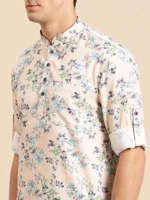 Sanwara Men Printed Cotton Rolled Up Sleeves Short Kurta PR_16 5