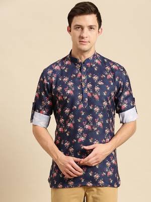 Sanwara Men Printed Cotton Rolled Up Sleeves Short Kurta PR_17 1