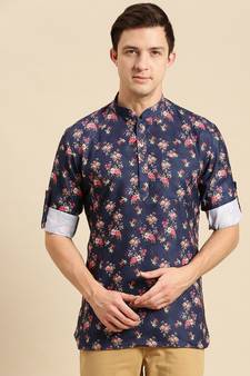 Sanwara Men Printed Cotton Rolled Up Sleeves Short Kurta PR_17