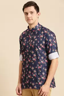 Sanwara Men Printed Cotton Rolled Up Sleeves Short Kurta PR_17