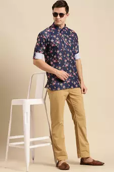 Sanwara Men Printed Cotton Rolled Up Sleeves Short Kurta PR_17