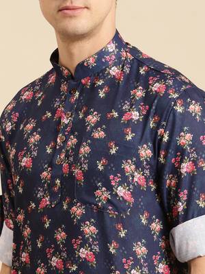 Sanwara Men Printed Cotton Rolled Up Sleeves Short Kurta PR_17 5