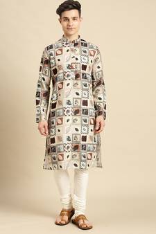 Cotton Floral Printed Beige Color Kurta With Churidar Set
