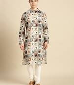 Cotton Floral Printed Beige Color Kurta With Churidar Set