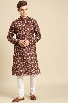 Cotton Floral Printed Red Color Kurta With Churidar Set