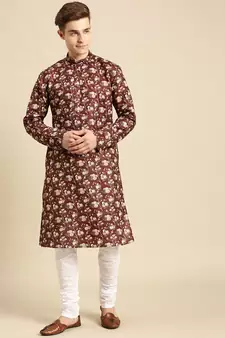 Cotton Floral Printed Red Color Kurta With Churidar Set