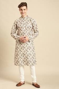 Cotton Floral Printed Dark Beige Color Kurta With Churidar Set