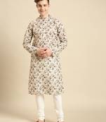 Cotton Floral Printed Dark Beige Color Kurta With Churidar Set