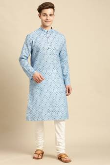 Cotton Floral Printed Sky Blue Color Kurta With Churidar Set