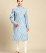 Cotton Floral Printed Sky Blue Color Kurta With Churidar Set