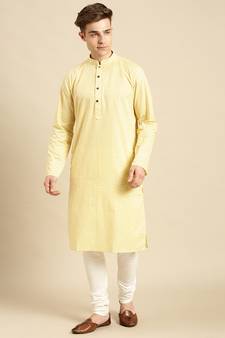 Cotton Floral Printed Yellow Color Kurta With Churidar Set