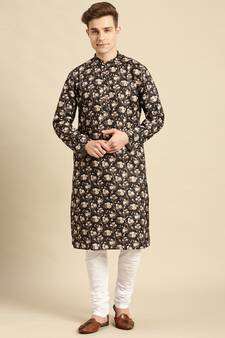 Cotton Floral Printed Black Color Kurta With Churidar Set
