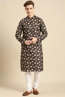 Cotton Floral Printed Black Color Kurta With Churidar Set