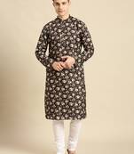 Cotton Floral Printed Black Color Kurta With Churidar Set