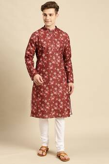 Cotton Floral Printed Dark Red Color Kurta With Churidar Set