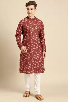 Cotton Floral Printed Dark Red Color Kurta With Churidar Set