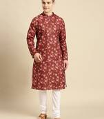 Cotton Floral Printed Dark Red Color Kurta With Churidar Set