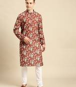 Cotton Floral Printed Fire Red Color Kurta With Churidar Set