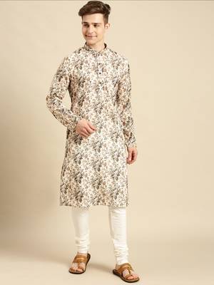 Cotton Floral Printed Dark white Color Kurta With Churidar Set 1