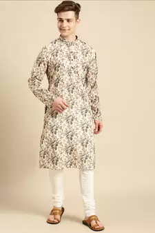Cotton Floral Printed Dark white Color Kurta With Churidar Set