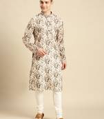Cotton Floral Printed Dark white Color Kurta With Churidar Set