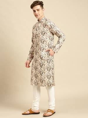Cotton Floral Printed Dark white Color Kurta With Churidar Set 2