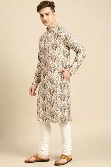 Cotton Floral Printed Dark white Color Kurta With Churidar Set