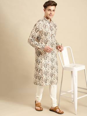 Cotton Floral Printed Dark white Color Kurta With Churidar Set 3