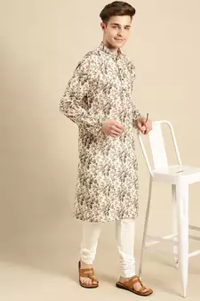 Cotton Floral Printed Dark white Color Kurta With Churidar Set