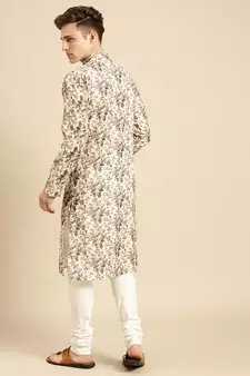 Cotton Floral Printed Dark white Color Kurta With Churidar Set