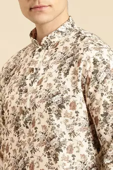 Cotton Floral Printed Dark white Color Kurta With Churidar Set