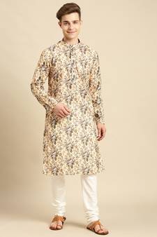 Cotton Floral Printed Light Beige Color Kurta With Churidar Set