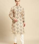 Cotton Floral Printed Light Beige Color Kurta With Churidar Set