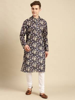 Cotton Floral Printed Dark Blue Color Kurta With Churidar Set 1