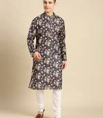Cotton Floral Printed Dark Blue Color Kurta With Churidar Set