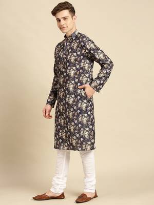 Cotton Floral Printed Dark Blue Color Kurta With Churidar Set 2