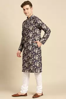Cotton Floral Printed Dark Blue Color Kurta With Churidar Set