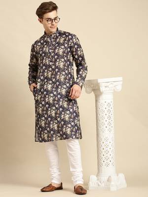 Cotton Floral Printed Dark Blue Color Kurta With Churidar Set 3