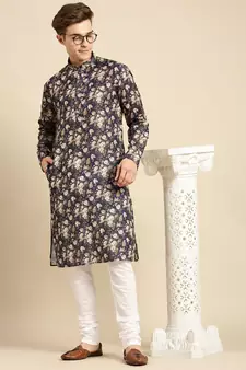 Cotton Floral Printed Dark Blue Color Kurta With Churidar Set