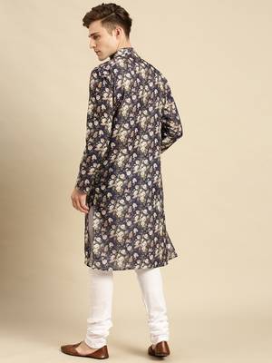 Cotton Floral Printed Dark Blue Color Kurta With Churidar Set 4