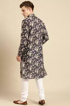 Cotton Floral Printed Dark Blue Color Kurta With Churidar Set