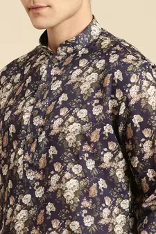 Cotton Floral Printed Dark Blue Color Kurta With Churidar Set