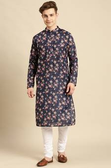 Cotton Floral Printed Navy Blue Color Kurta With Churidar Set