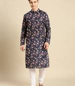 Cotton Floral Printed Navy Blue Color Kurta With Churidar Set