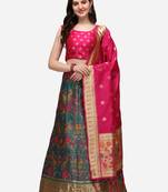 Grey & Pink Woven Design Semi-Stitched Lehenga & Stitched Blouse with Dupatta