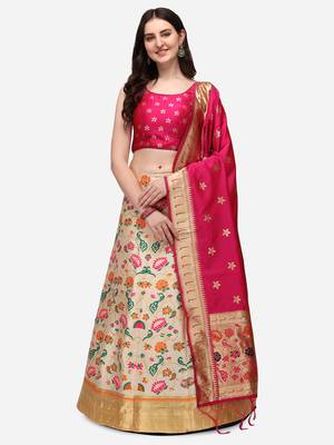 Cream & Pink Woven Design Semi-Stitched Lehenga & Stitched Blouse with Dupatta 1