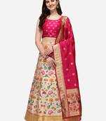 Cream & Pink Woven Design Semi-Stitched Lehenga & Stitched Blouse with Dupatta